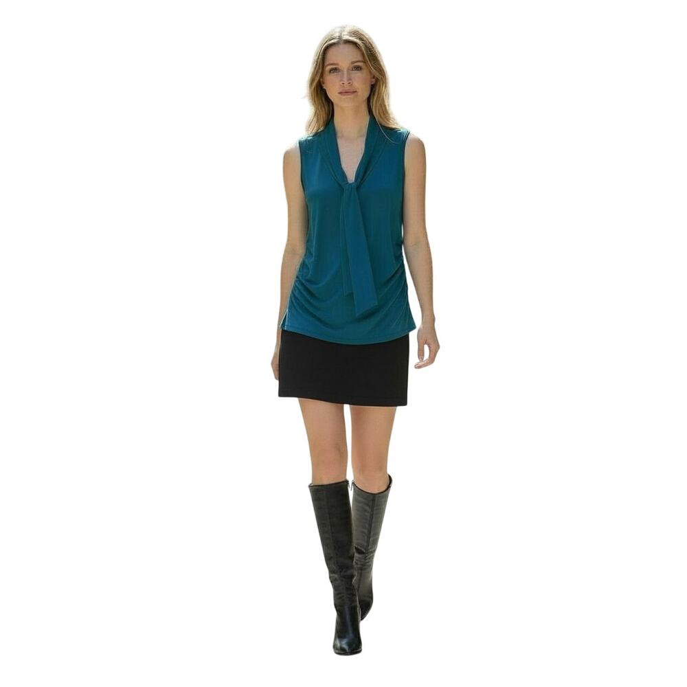 WHBM Teal Tie Front Sleeveless Blouse Ruched Side Polished Stretch Knit Sz M NEW